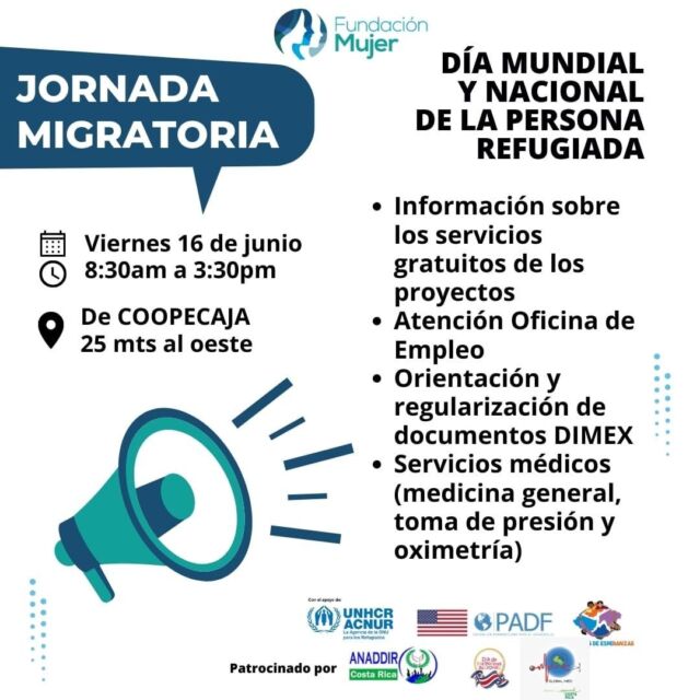 📢 #Atención población migrante, solicitante de refugio y refugiada. En el marco de la conmemoración por el Día Mundial y Nacional de la Persona Refugiada, #FundaciónMujer, sus diferentes proyectos y gracias al patrocinio de varias agencias aliadas como @anaddir_costa_rica, @global_med_cr y @buenasacciones.cr, les invitamos a una ⏩️ JORNADA MIGRATORIA. 🗓 Viernes #16 de junio 🕓 De 8:30am a 3:30pm 📍 De COOPECAJA 25 mts al oeste. Ofreceremos de forma gratuita: 🔹 Información sobre los servicios gratuitos de los proyectos que ejecutamos 🔹 Atención en la Oficina de Empleo 🔹 Orientación y regularización de documentos DIMEX 🔹 Servicios médicos (medicina general, toma de presión y oximetría) !Les esperamos! #JornadaMigratoria #Atención #RefugiadosEnCostaRica #MigrantesEnCostaRica #Refugiados #ProduciendoLaIntegración