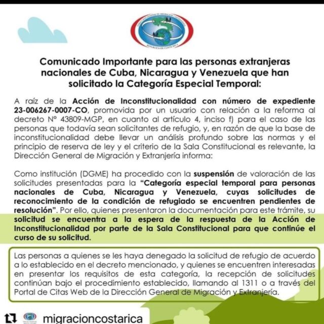 🚨 #CategoriaEspecialTemporal Comunicado Importante para las personas extranjeras nacionales de Cuba, Nicaragua y Venezuela que han solicitado la Categoría Especial Temporal 🚨