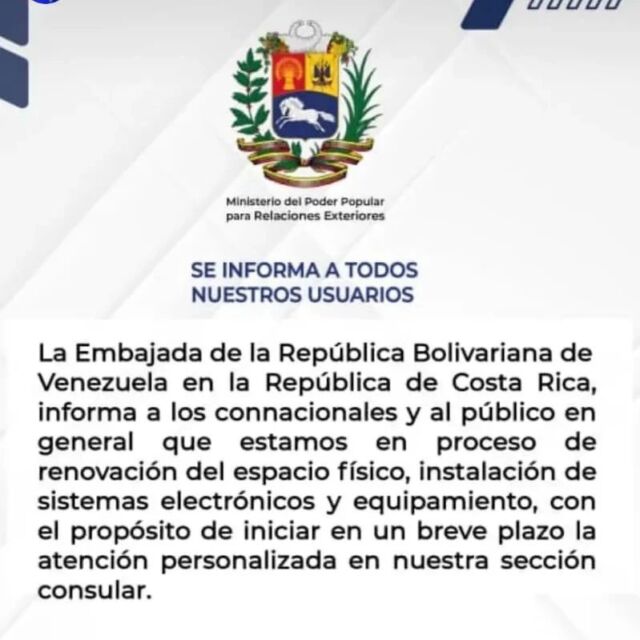 @embavecostarica Esta es la cuenta oficial de la Embajada de la República Bolivariana de Venezuela en la República de Costa Rica. No tenemos fecha de apertura. Seguimos trabajando para que prontamente los podamos atender.