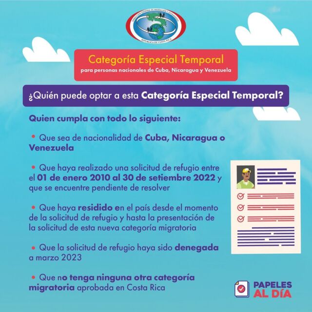 #CategoríaEspecialTemporal ¿Aún no conoce la Categoría Especial Temporal? ¡Es hora de conocerla! Estas son las personas que pueden aplicar por ella, partiendo de su nacionalidad de Cuba 🇨🇺, Nicaragua 🇳🇮 o Venezuela 🇻🇪 y que cumplan con los siguientes cuatro criterios 👇🏽 Encuentre más información en https://bit.ly/3IXyAHI