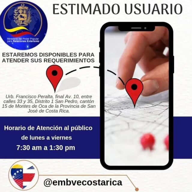 Anuncian apertura de la sede consular de la Embajada de Venezuela en Costa Rica. @embavecostarica 📍 La ubicación es al final de la Av 10 en el Barrio Francisco Peralta, San José.