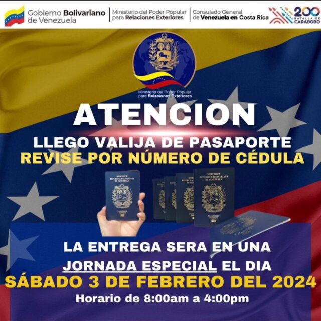 @embavecostarica 🇻🇪🤝🏼🇨🇷ATENCION La Embajada de la República Bolivariana de Venezuela Sección Consular, en la República de Costa Rica, informa a los connacionales que el día sábado 03 de febrero de 2024, se estará realizando jornada especial de entrega de pasaportes de acuerdo a los listados publicados. Deben presentar cédula de identidad o pasaporte venezolano Horario de atención: 8:AM a 4:PM Lugar: Embajada de la República Bolivariana de Venezuela, Sección Consular. Dirección: Final avenida 10, los Yoses, entre calle 33 y 35, urbanización Francisco Peralta, Montes de Poca, San Pedro, Provincia de San José. Atención: Los pasaportes de los Niños, Niñas y Adolescentes NO CEDULADOS, serán entregados a su Representante Legal.